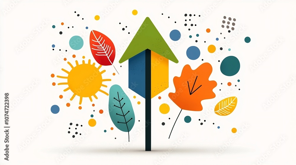 Aufkleber of a vibrant upward arrow design with a colorful leaf motif surrounded by abstract splashes and a do
