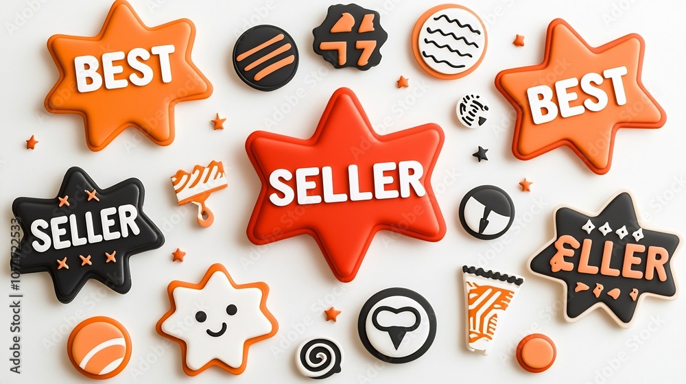 Poster premium set of eight pointed star shaped best seller badges in bold red orange and black colors with