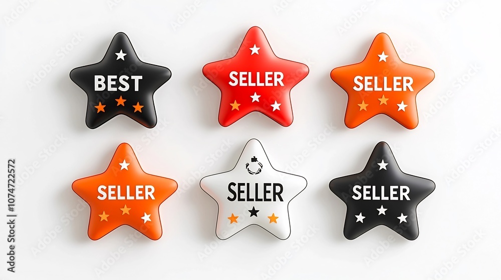 Leinwandbilder Premium eight pointed star shaped badges labeled with the text BEST SELLER in bold white font featuring a clean and minimalist design with three distinct color variations red orange and black