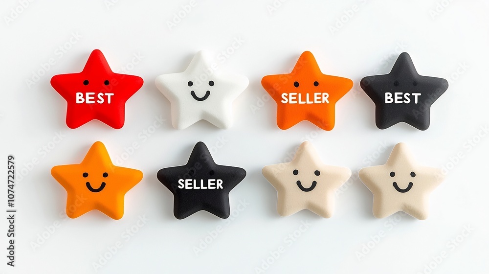 Poster 8 pointed star shaped badges labeled best seller in bold white font featuring three distinct color b