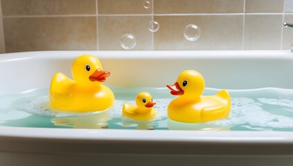 A playful scene of three yellow rubber ducks in a bathtub, organized from largest to smallest, floating peacefully in clear water with gentle bubbles around them