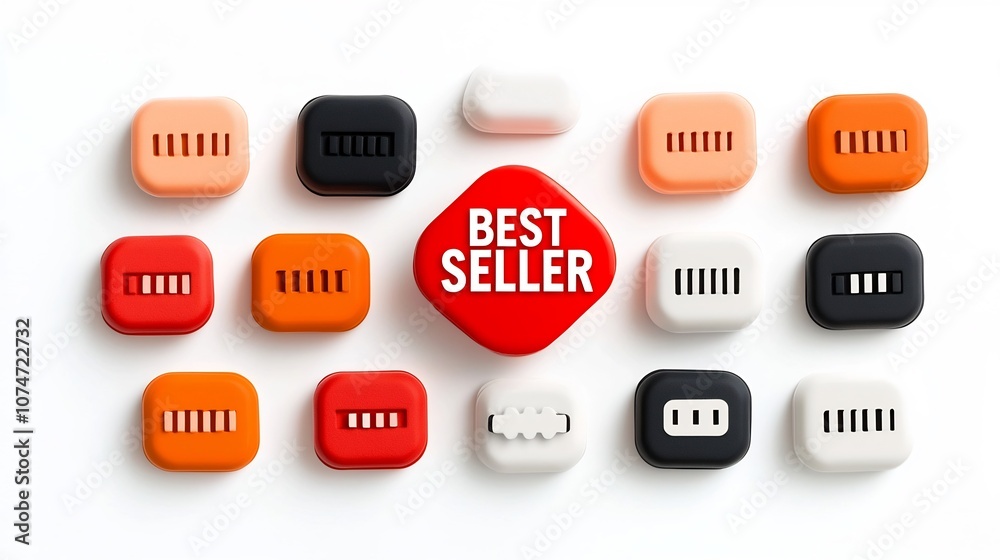 Poster Collection of eight pointed  BEST SELLER  badge stickers in bold red orange and black colors with minimal white text design for use in commercial branding and marketing applications