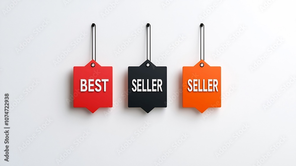 Poster Vibrant and eye catching graphic icons featuring eight pointed  BEST SELLER  labels in a bold color palette of red orange and black with clear white text for maximum readability