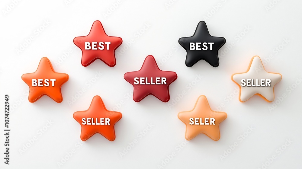 Poster graphic design of bold eye catching best seller labels in the shape of eight pointed stars in vivid 