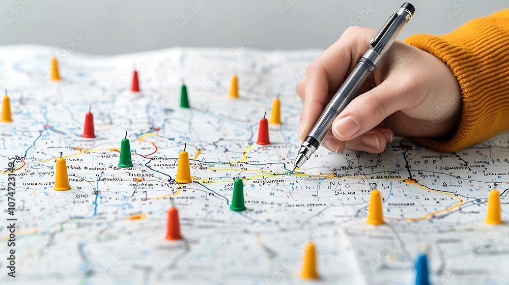 Poster Hand poised with a pen near color coded markers on a map illustrating the process of route planning and location identification for strategic travel navigation