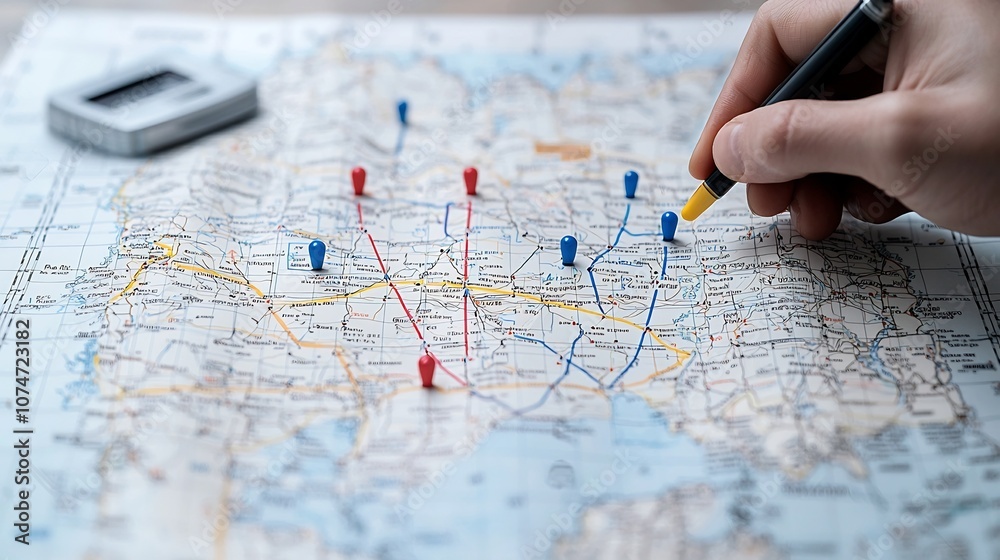 Poster a high detail map with red blue and yellow markers overlaid along with a hand holding a pen nearby s