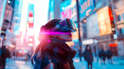 irtual reality. Young woman wearing VR goggles Double exposure - virtual city in the background	