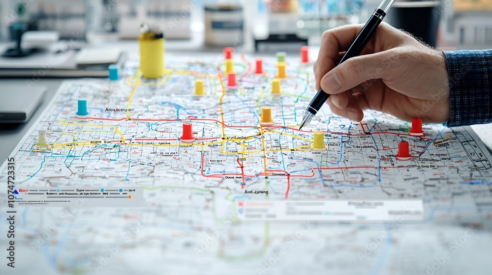 Poster Detailed navigation map with vibrant red blue and yellow markers highlighting customizable routes and a hand holding a pen representing interactive engagement and route planning