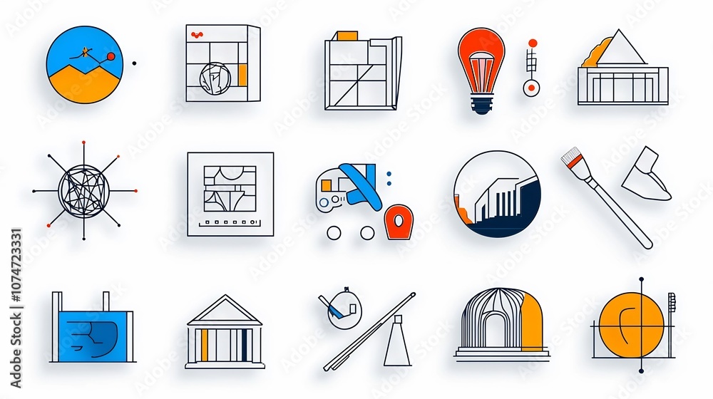 Poster of art themed web icons in a clean minimalist line style featuring symbols for creativity museums ar