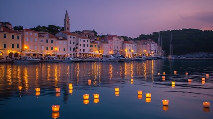 Fototapeta premium The town’s iconic pastel-colored buildings with candle-lit boats in the foreground, blending town and tradition