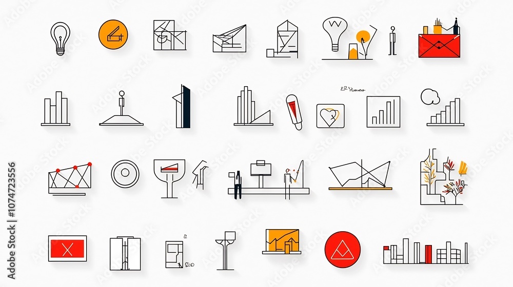 Poster of a set of web icons in a clean minimalist line style depicting various and cultural elements such as creativity museums and architectural design