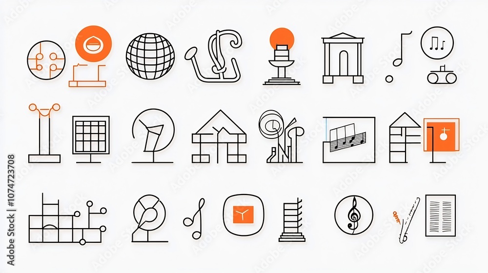 Poster elegant line art icons showcasing a cohesive style that highlights creative elements such as museums