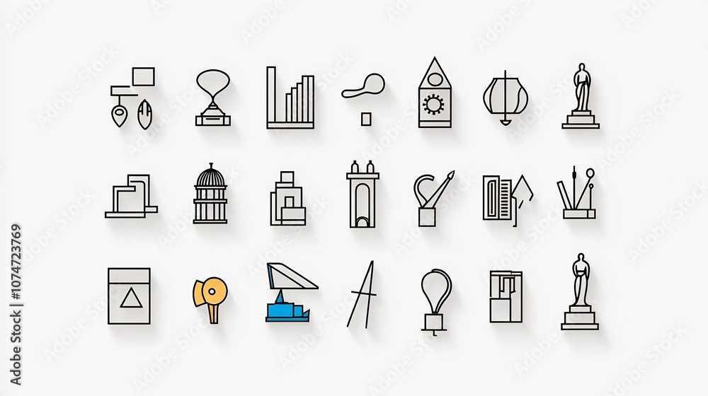 Aufkleber and Cultural Line Style Icons in Graphic Format Showcasing Themes Like Architecture Statues and Tools for Creative Design and