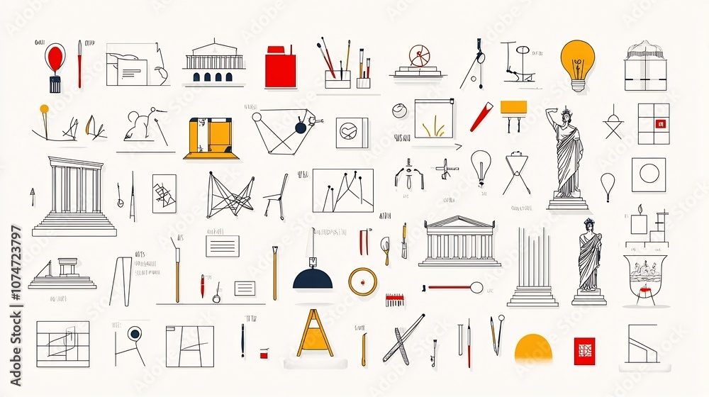 Fototapete line style icons showcasing architecture statues and creative tools for art and culture themes minim