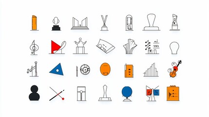 Elegantly designed line art icons showcasing a cohesive style of creative elements such as museums sculptures and musical notes in a modern minimalist aesthetic