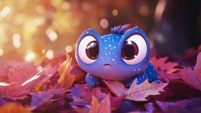Blue alien with big almond eyes seated on pile of vibrant leaves