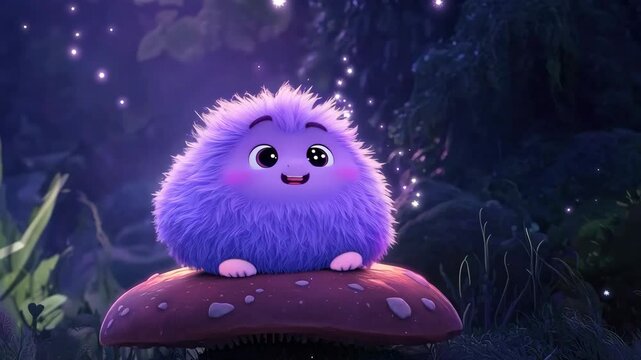 Purple alien with soft fur and big eyes, sitting on mushroom smiling at the night stars