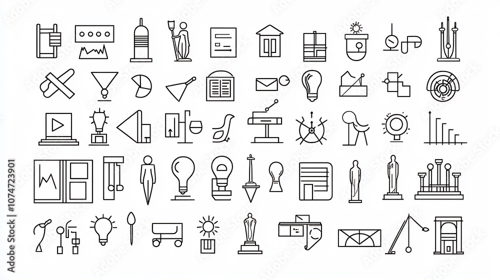 Fototapete Collection of minimalist line style icons featuring various and cultural elements such as statues architecture and creative symbols designed to convey a refined and elegant visual aesthetic