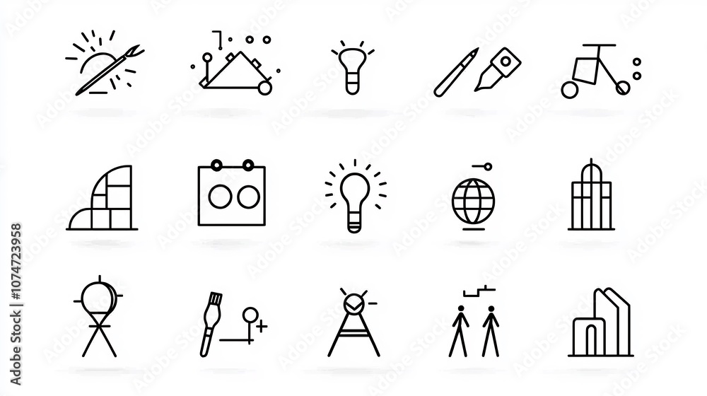 Fototapete Line style of art related icons displaying a range of creative elements museum collections and architectural symbols in a minimalist modern design
