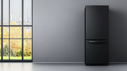 Modern black refrigerator in minimalistic interior with serene autumn views through large windows
