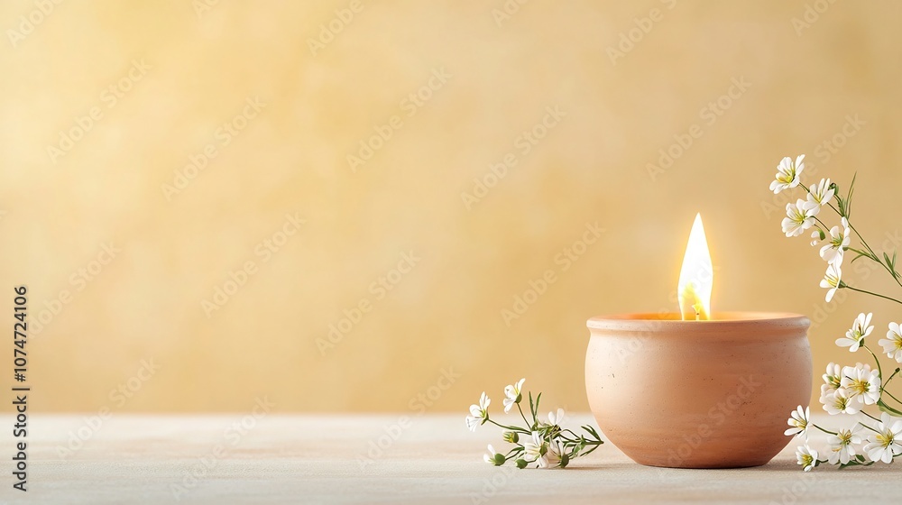 Poster beautifully crafted earthen lamp emitting a warm flickering flame surrounded by abstract circular pa