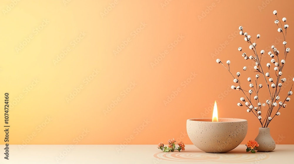 Poster Warm and serene earthen oil lamp with swirling patterns and gentle flickering flame surrounded by small flowers and a soft gradient background in soothing orange and yellow tones