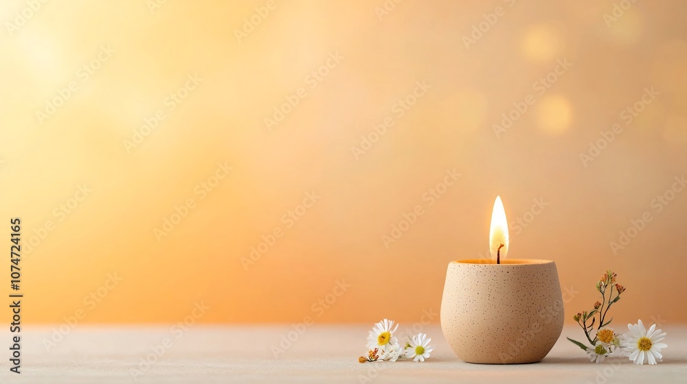 Poster Ethereal Earthen Lamp with Swirling Patterns and Serene Floral Accents A warm and tranquil minimalist composition of an oil lamp surrounded by soft