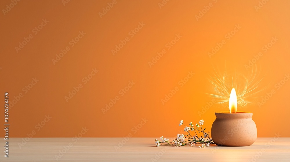 Poster rustic clay oil lamp with radiating light and swirling energy patterns tiny flowers placed beside it