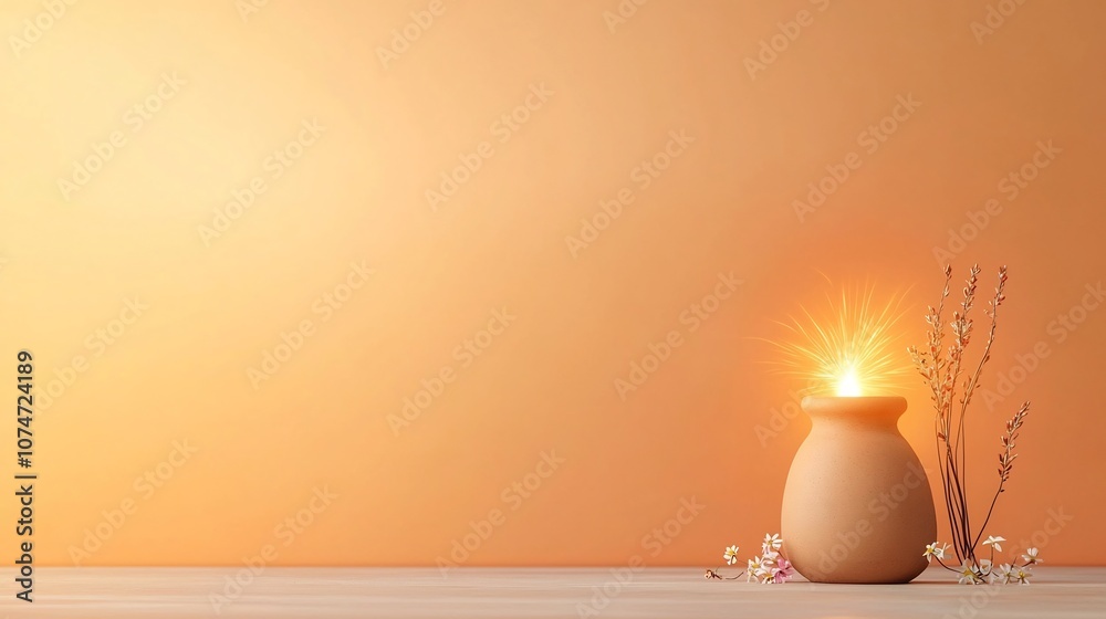 Poster rustic clay oil lamp emitting radiating swirling energy patterns with tiny flowers placed beside it 