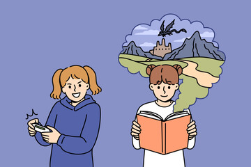 Children hobbies for teen girls, reading book or playing video console in free time. Children hobbies have different effects on psyche and cause development of fantasy or increased aggressiveness