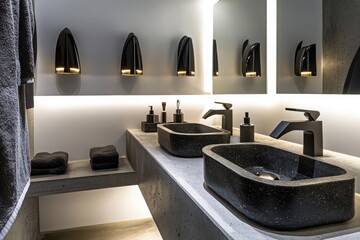 Modern Bathroom Design with Minimalist Features, Stylish Sinks, Dark Tones, and Elegant Accessories for a Contemporary Space in a Luxurious Setting