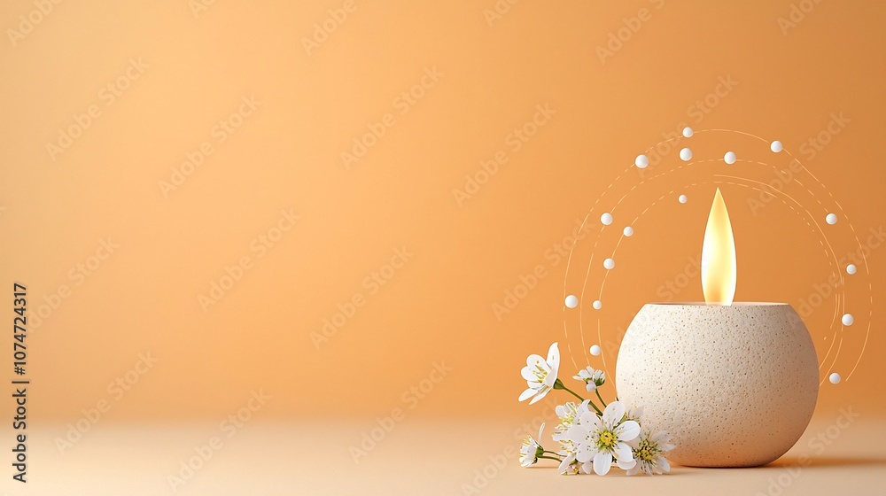 Poster Earthen lamp with a gentle flame encircled by dots and swirls symbolizing floating energy with small flowers beside it set against a warm soft gradient background in shades of orange and yellow
