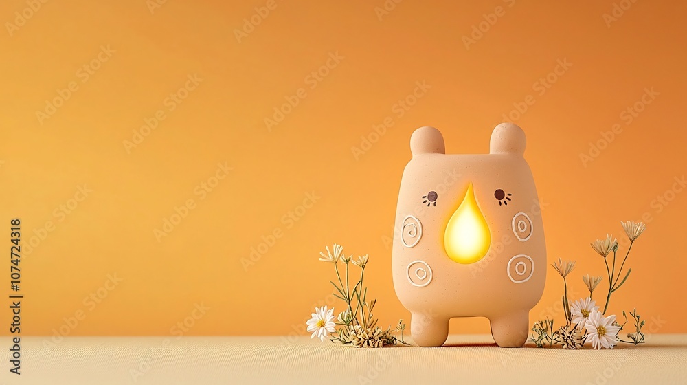 Poster warmly glowing clay lamp with decorative swirls and dots around it surrounded by small flowers on a 