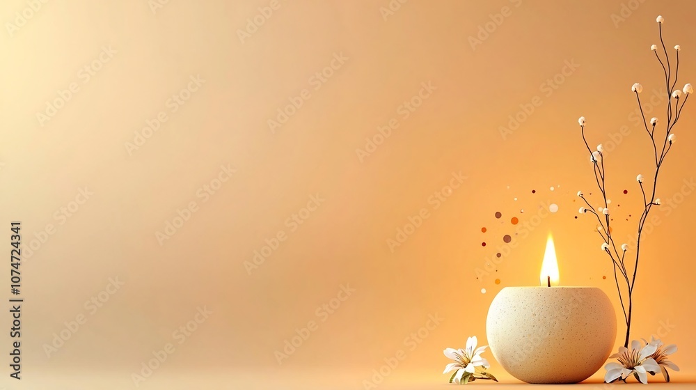 Aufkleber Earthen lamp with a gentle flame encircled by dots and swirls symbolizing floating energy with small flowers beside it set against a warm soft gradient background in shades of orange and yellow