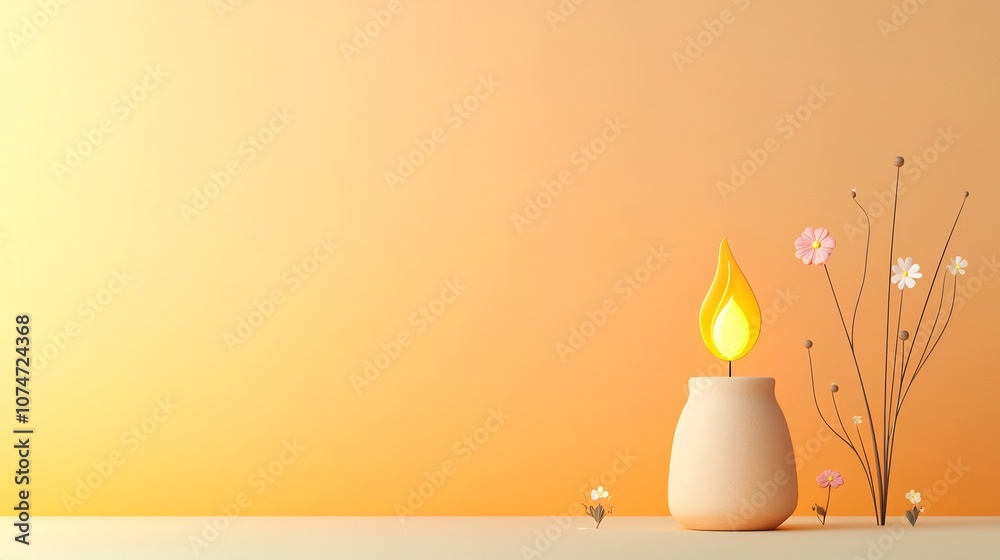 Poster Softly glowing clay lamp with a vibrant flame surrounded by flowing lines and small flowers set against a gradient background blending orange and yellow for a cozy serene feel