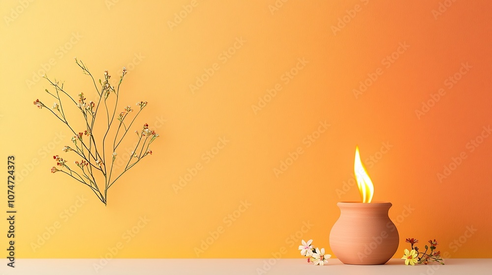 Aufkleber softly glowing clay lamp with a vibrant flame surrounded by flowing lines and small flowers set agai