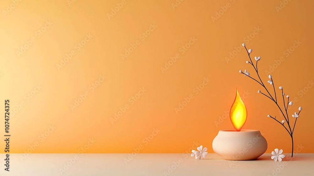 Poster softly glowing clay lamp with a vibrant flame surrounded by flowing lines and small flowers set agai