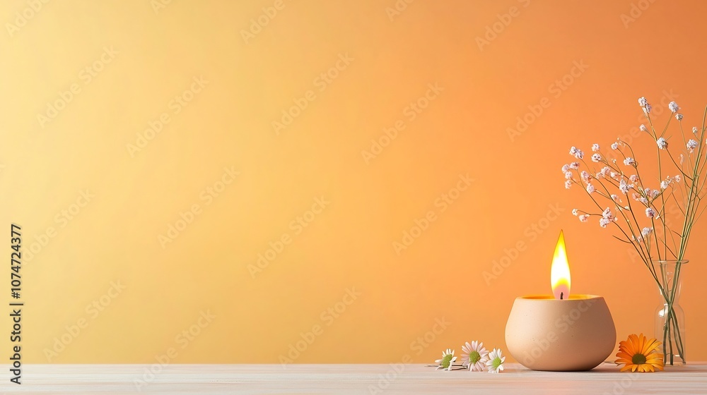Poster a softly glowing clay lamp with a vibrant flame surrounded by flowing lines and delicate floral acce