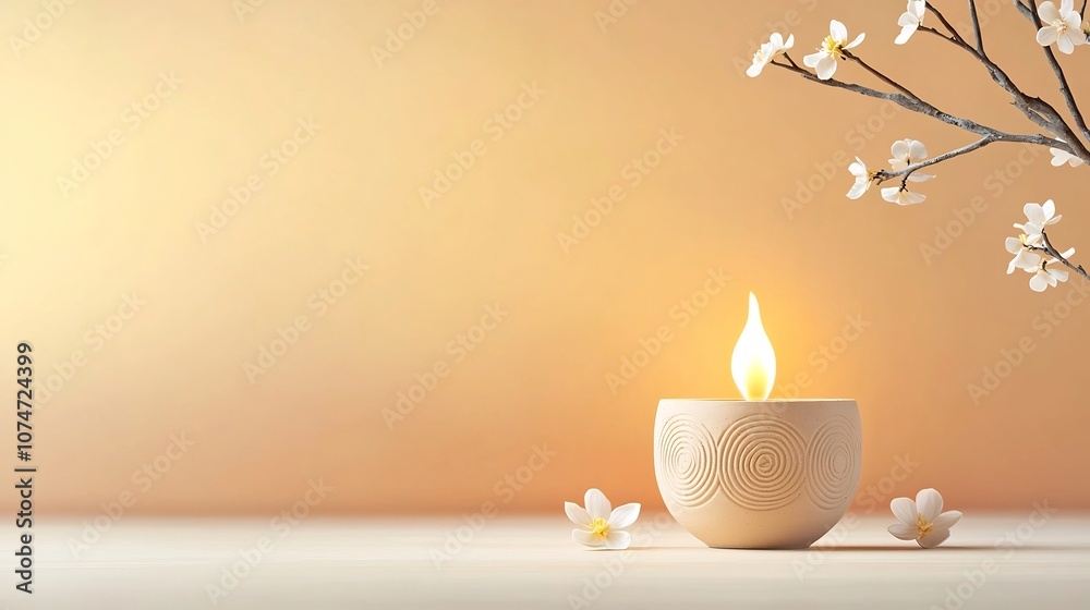 Poster Enchanting traditional clay lamp with a bright flame surrounded by intricate circular patterns and delicate flowers all against a warm gradient background of orange and yellow hues