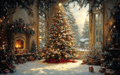 Christmas Tree in a Room with Snow

