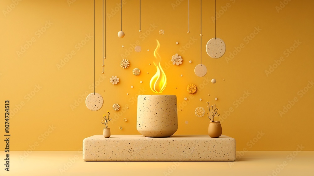 Aufkleber Warm and ethereal earthenware lamp surrounded by abstract circular designs dotted patterns and small flowers creating a floating serene and inviting atmosphere with a cozy orange yellow glow