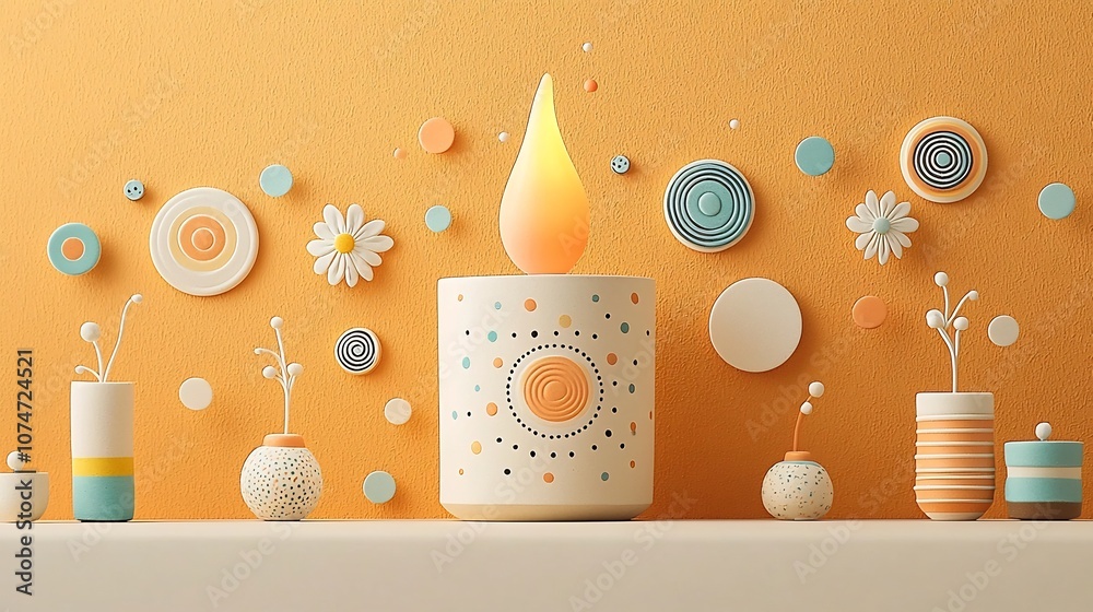 Aufkleber Captivating earthenware lamp with a gentle flame surrounded by abstract circular designs dotted patterns and delicate floral elements