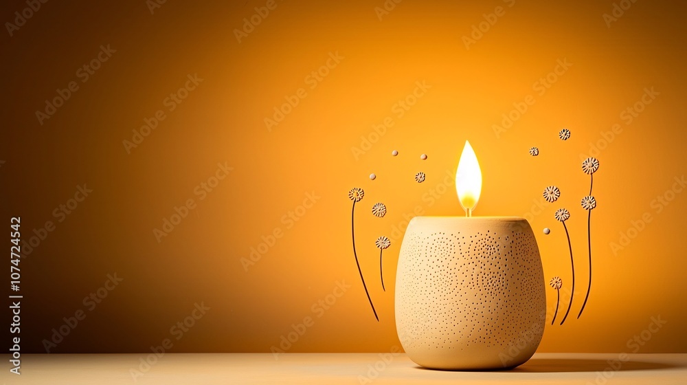 Poster Ethereal Earthenware Lamp Aglow with Abstract Circular Designs Dotted Patterns and Small Flowers Creating a Warm Floating Effect in a Cozy Orange Yellow Ambiance