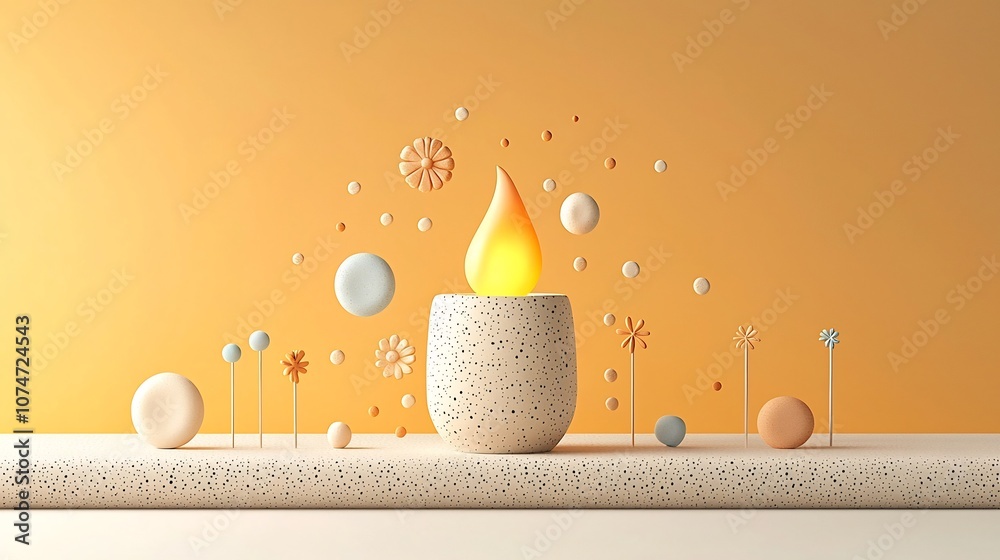 Poster Ethereal earthenware lamp with abstract circular designs dotted patterns and small flowers creating a floating effect with a warm orange yellow background emitting a cozy and soothing glow