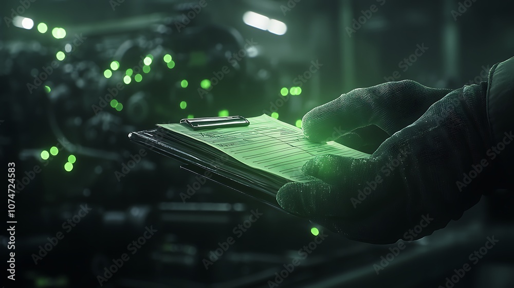 Poster a futuristic hand holds a glowing device amid a tech-laden environment, showcasing vibrant green lig