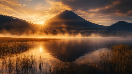 Sunrise Over Misty Lake and Mountain