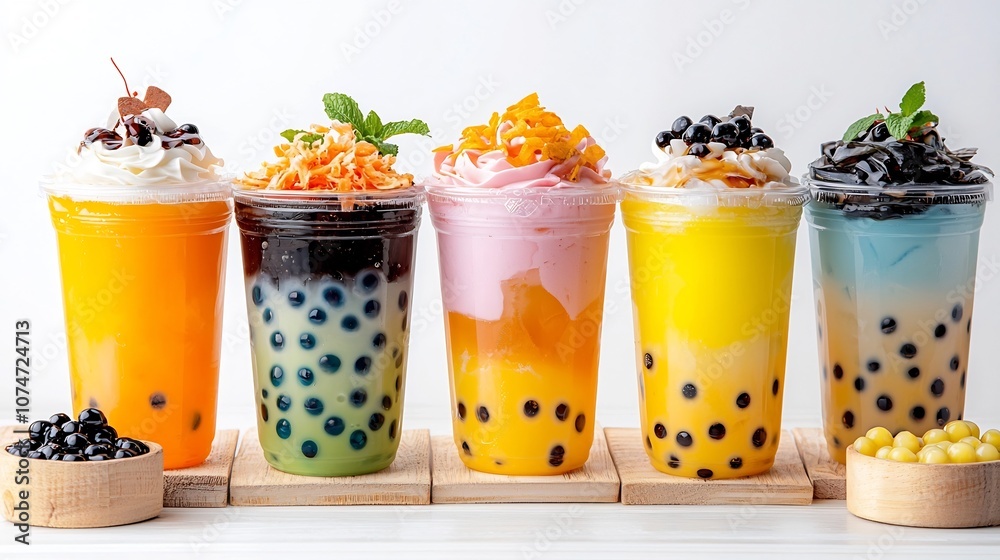 Aufkleber assortment of colorful and tempting bubble tea beverages with diverse toppings and tapioca pearls ca
