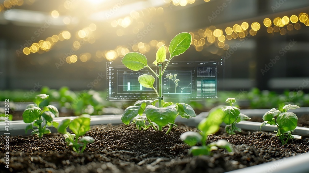 Aufkleber Futuristic image of sensors gathering data on plants with a digital display showing information and a golden light bokeh effect