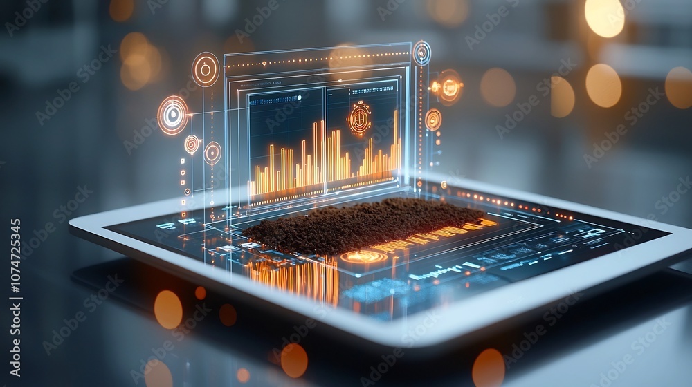 Fototapete Digital tablet displaying advanced data analysis of soil moisture levels with a beautiful soft golden light flare and bokeh background