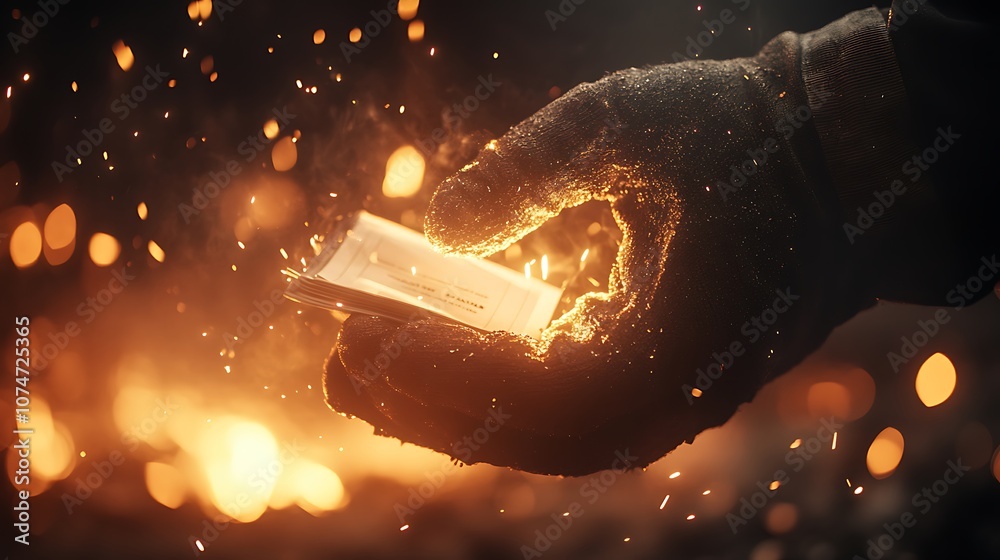 Poster a glowing piece of metal is held in a gloved hand against a backdrop of sparks and flames, emphasizi